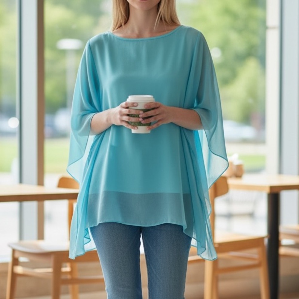 Chico’s Sky Blue Flowy Blouse Size 3 – Elegant Sheer Poncho Top